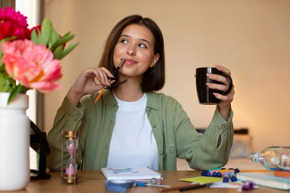 Jovem pensativa segurando uma caneca preta e um lápis na mão, rodeada por objetos de organização e criatividade, simbolizando transformação de rotina em 30 dias.