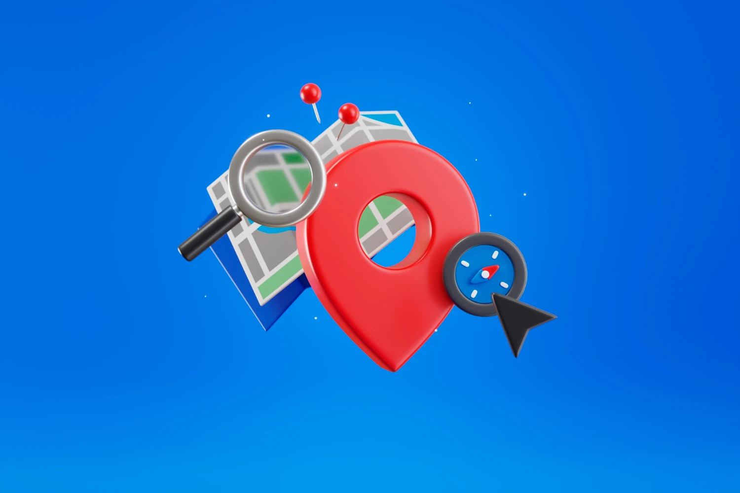 Imagem ilustrativa sobre como posicionar sua marca na região, com elementos de mapa, lupa, ponto de localização e bússola, destacando estratégias de SEO Local.