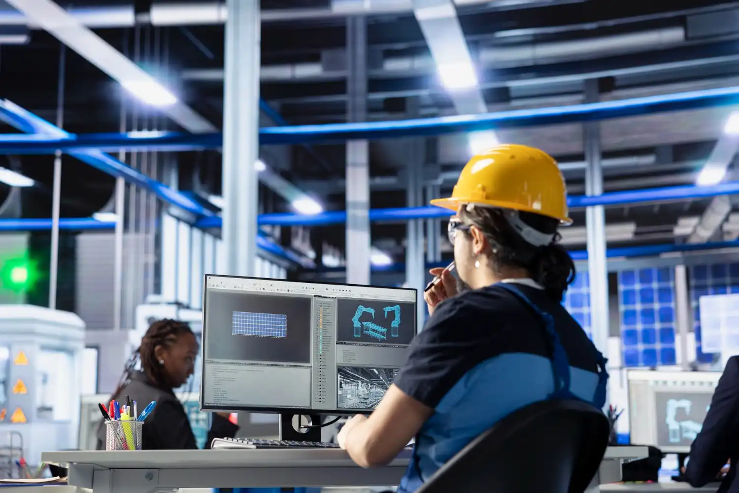 Profissional de engenharia em uma fábrica moderna, utilizando tecnologia avançada para otimizar processos de fabricação e embalagem, impulsionando a indústria moderna.