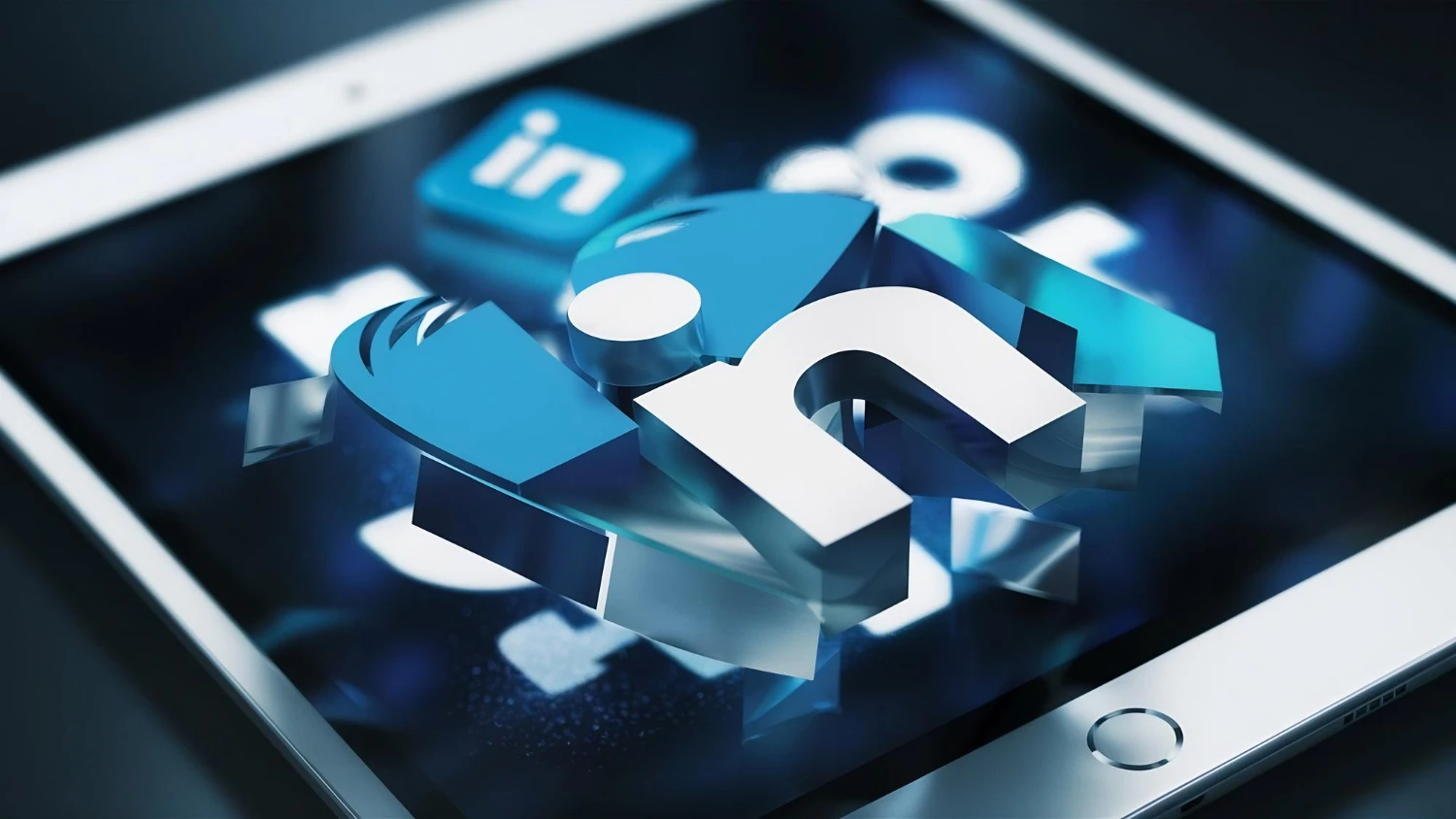 Imagem de um tablet exibindo ícones do LinkedIn com elementos 3D, relacionado a estratégias de conteúdo para negócios no LinkedIn.
